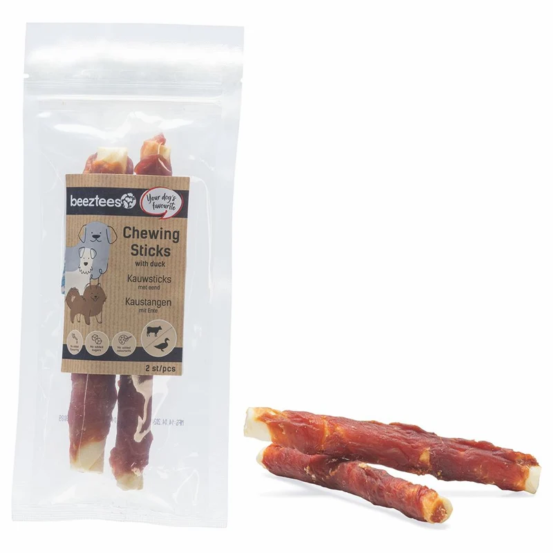 Beeztees Rinderhaut Kaustangen - Ente - 2 Stück - 15 cm - Hundesnack Kausnack Leckerli
