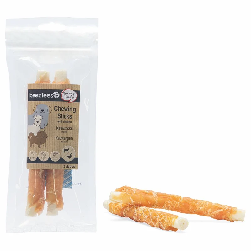 Beeztees Rinderhaut Kaustangen - Huhn - 2 Stück - 15 cm - Hundesnack Kausnack Leckerli