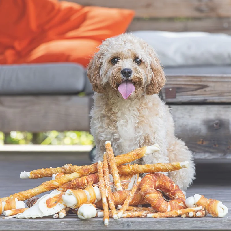 Beeztees Rinderhaut Kaustangen - Huhn - 2 Stück - 15 cm - Hundesnack Kausnack Leckerli