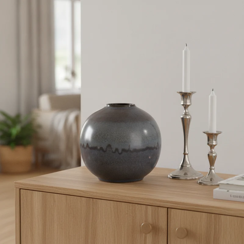 Vase Carla – Kugelige Vase aus Steinzeug | Ø20cm | Grau/Asche & Grau/Meergrün
