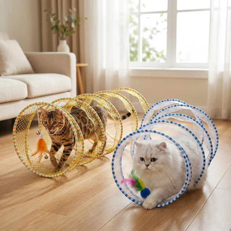 Faltbarer spiralförmiger Katzen-Spieltunnel mit Feder-Glöckchen