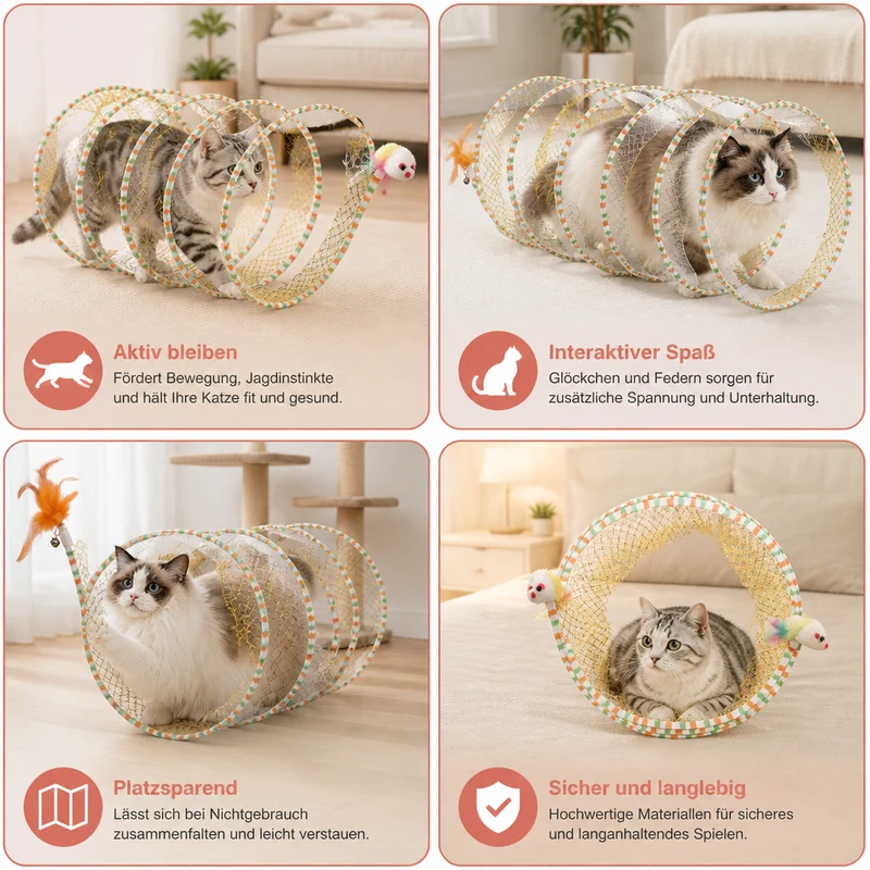 Faltbarer spiralförmiger Katzen-Spieltunnel mit Feder-Glöckchen