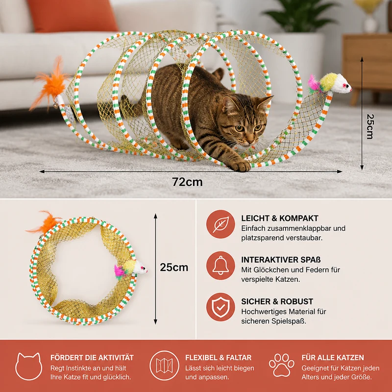 Faltbarer spiralförmiger Katzen-Spieltunnel mit Feder-Glöckchen