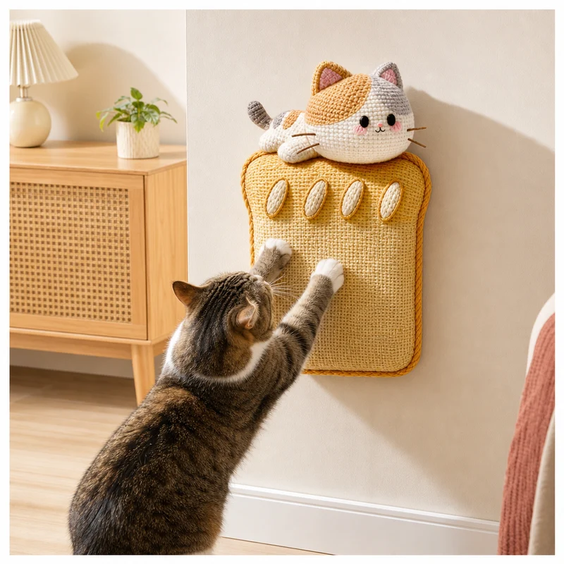 2-in-1 Gewebte selbstklebende Katzen-Kratzmatte & Möbelschutz mit interaktivem Spielzeug