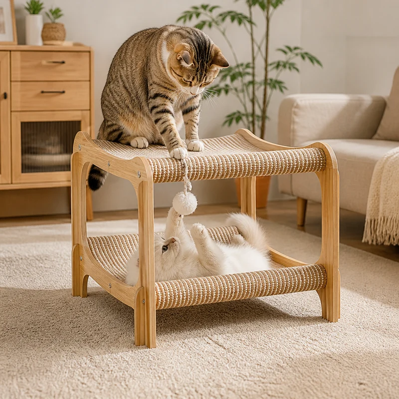 Doppelstöckiges Katzen-Spiel- & Liegebett aus Holz mit Sisal-Kratzrampe & Hängespielzeug
