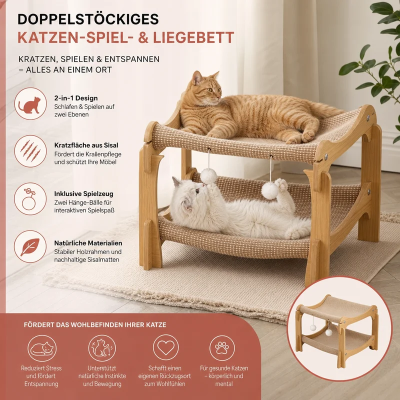 Doppelstöckiges Katzen-Spiel- & Liegebett aus Holz mit Sisal-Kratzrampe & Hängespielzeug