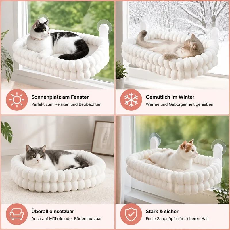 Flauschige kabellose faltbare Katzen-Fensterhängematte mit starken Saugnäpfen & waschbarem Bezug