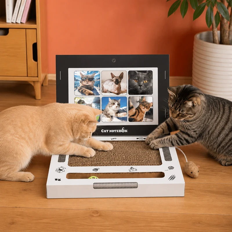 Laptop-Katzenkratzer aus Pappe & interaktives Spielzeug