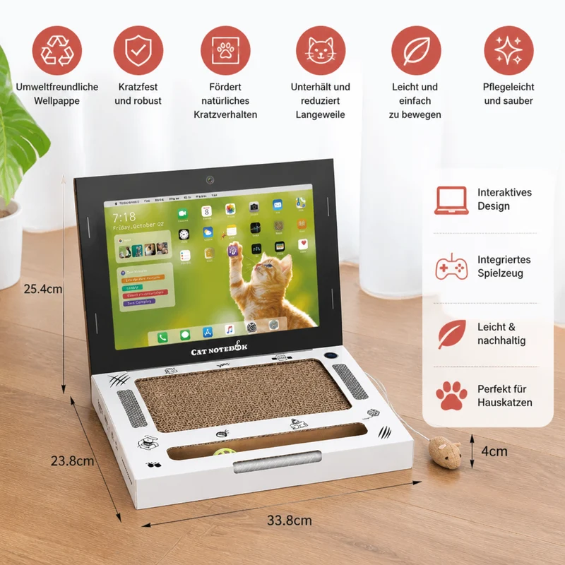 Laptop-Katzenkratzer aus Pappe & interaktives Spielzeug