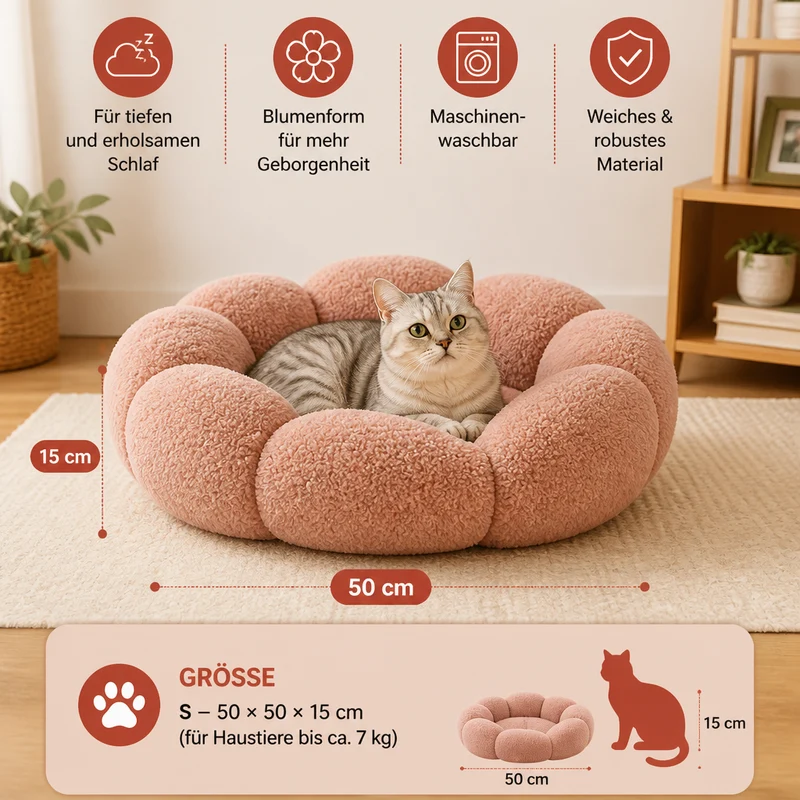 Luxuriöses flauschiges Donut-Katzenbett mit Blumenmuster – Weiches & waschbares Rundkissen