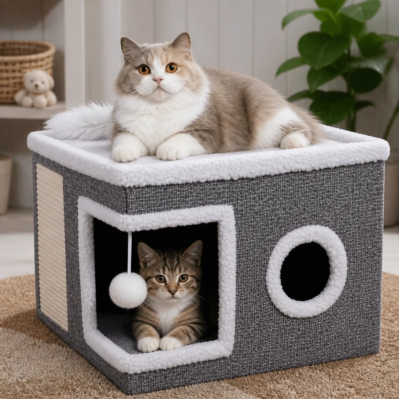 Modernes faltbares Katzenhaus mit doppelseitigem Ganzjahreskissen & Hängespielzeug