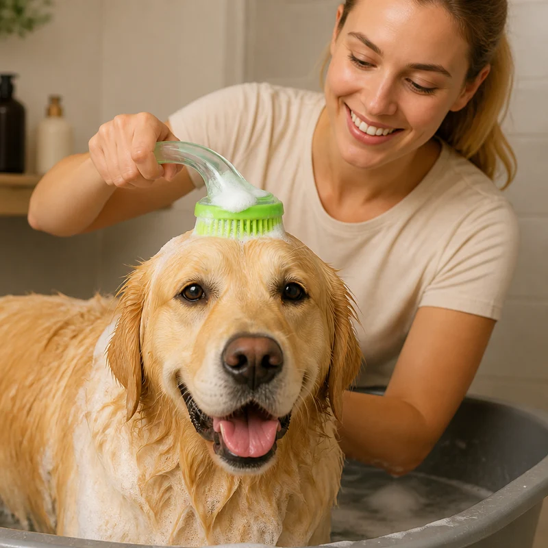 2-in-1 Silikon-Bade- und Massagebürste für Haustiere mit Shampoo-Spender