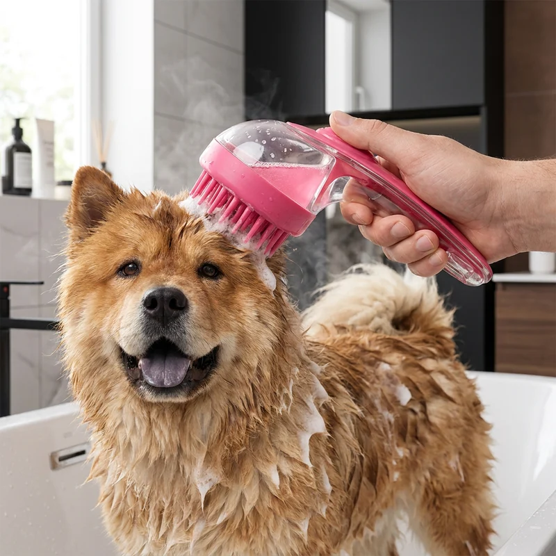 2-in-1 Silikon-Bade- und Massagebürste für Haustiere mit Shampoo-Spender