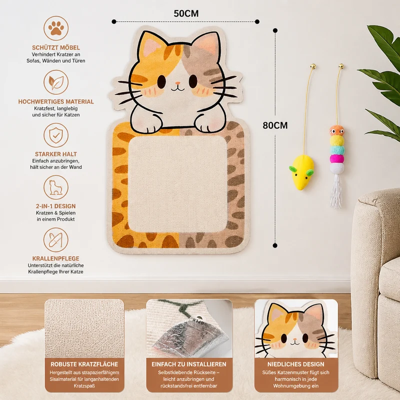2-in-1 wandmontiertes Katzen-Kratzbrett & interaktives Spielzeug