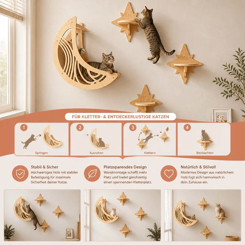 Modernes Katzen-Kletterwand-Set aus Holz mit Mond- & Stern-Design inklusive Liegefläche
