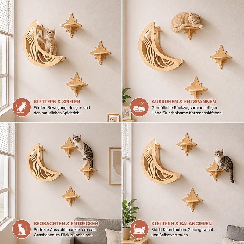 Modernes Katzen-Kletterwand-Set aus Holz mit Mond- & Stern-Design inklusive Liegefläche