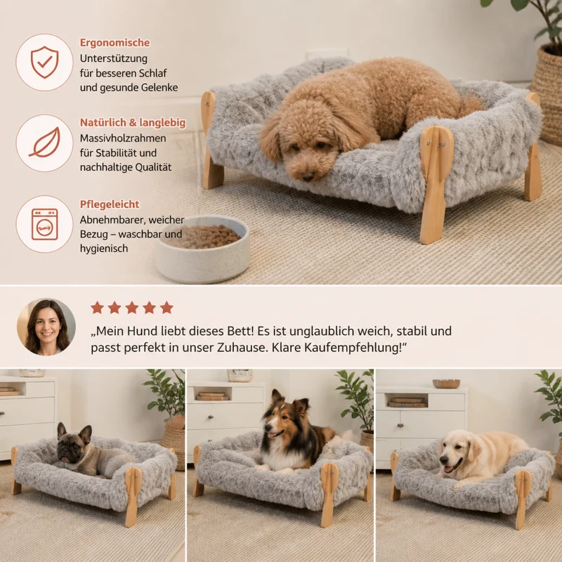 Luxuriöses, erhöhtes Hundebett aus Massivholz