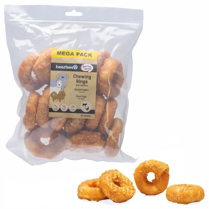 Beeztees Kauringe mit Huhn - 15 Stück - 7,5 cm - Rinderhaut Kausnack Leckerli Ring Hundesnack MegaPack