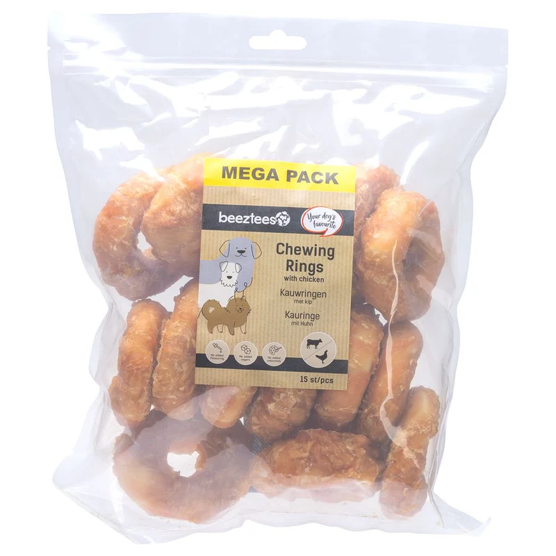 Beeztees Kauringe mit Huhn - 15 Stück - 7,5 cm - Rinderhaut Kausnack Leckerli Ring Hundesnack MegaPack