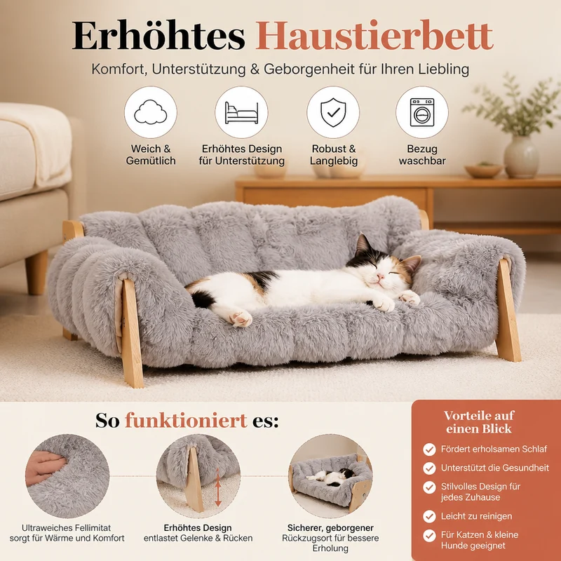Luxuriöses, erhöhtes Katzenbett aus Massivholz