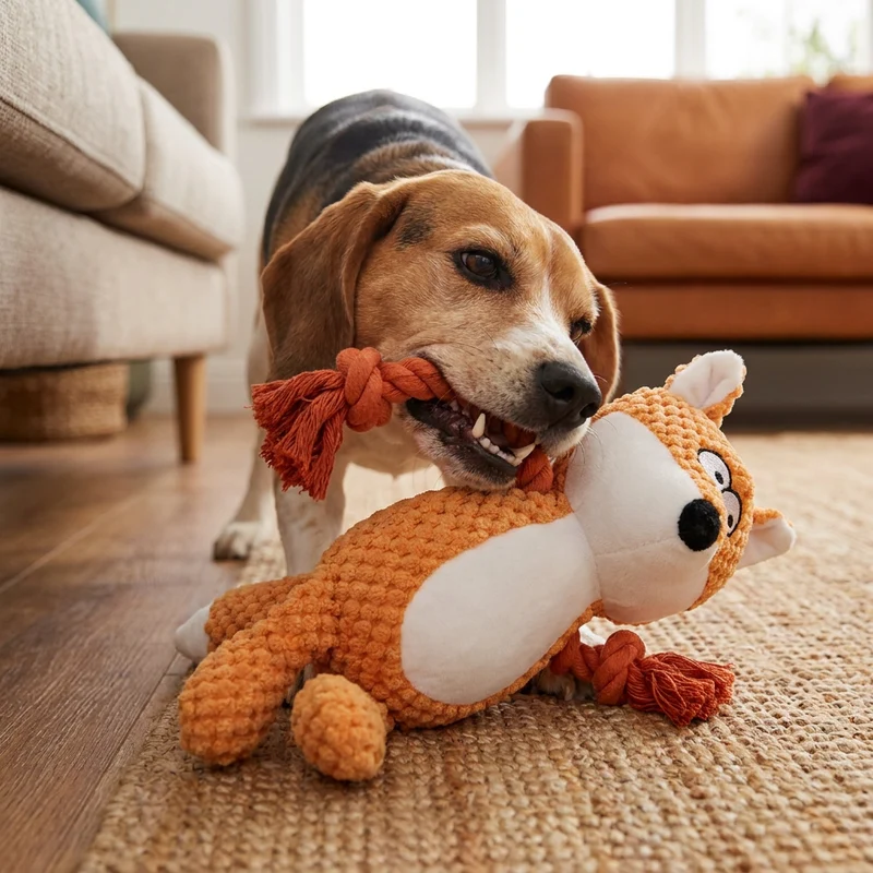 Plüsch-Hundespielzeug mit Baumwollseil - Quietscher & Zahnpflege