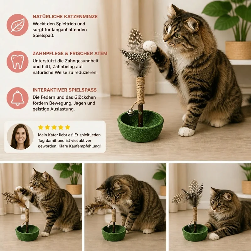 Zahnpflegendes Katzenminze-Tumbler-Katzenspielzeug – Interaktiver Feder-Teaser mit Glöckchen