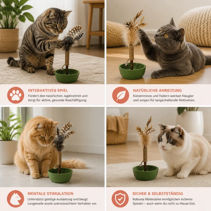 Zahnpflegendes Katzenminze-Tumbler-Katzenspielzeug – Interaktiver Feder-Teaser mit Glöckchen