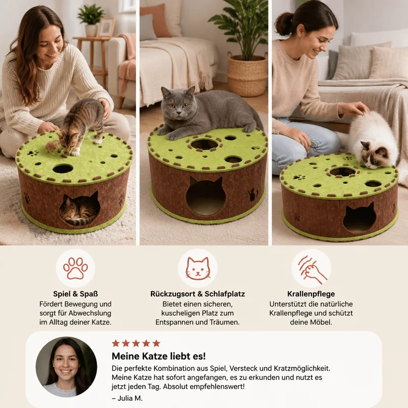 4-in-1-Faltbares Katzen-Tunnelhaus – Interaktives Versteck, Kratzbaum und Spielbett