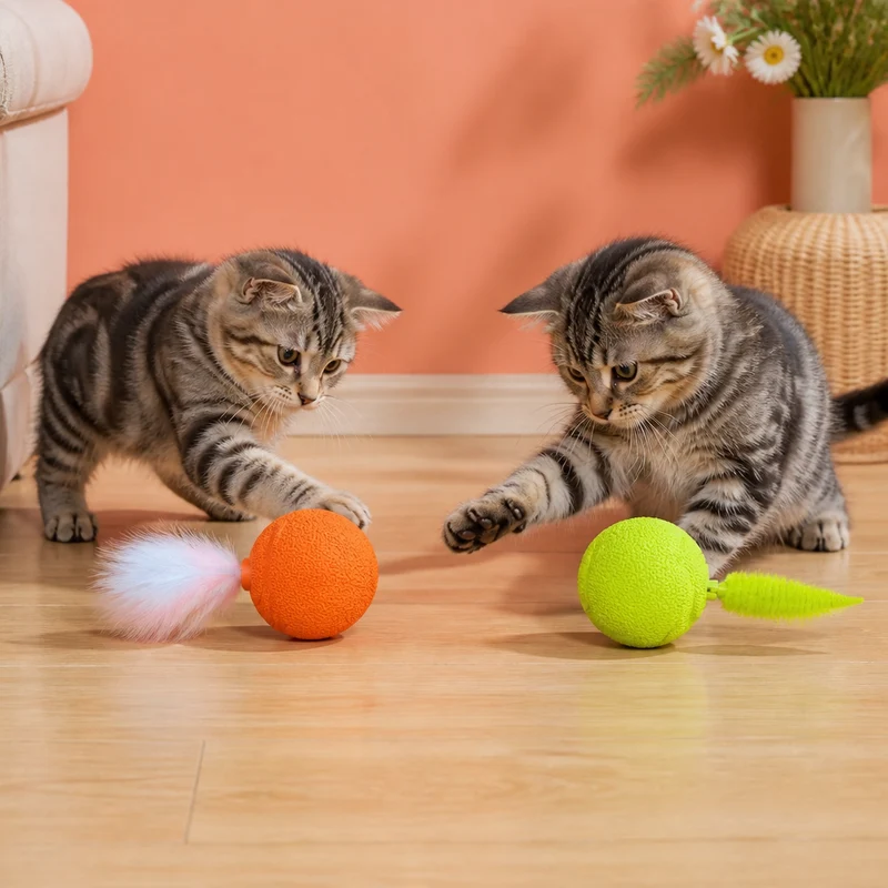 2er-Pack interaktive Katzenbälle – Plüschfeder-Schwanz und Quietschgeräusch
