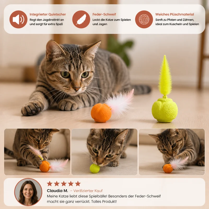 2er-Pack interaktive Katzenbälle – Plüschfeder-Schwanz und Quietschgeräusch