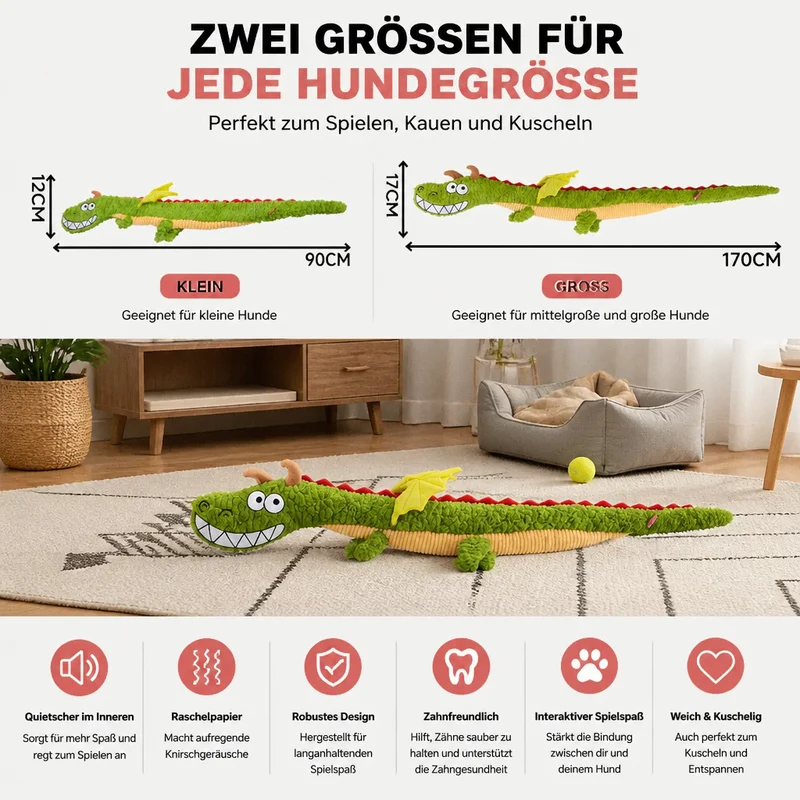 Robustes Plüsch-Drachen-Hundespielzeug – quietschendes Knister-Zerrspielzeug