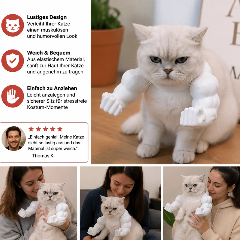 Muskelarm Katzenkostüm mit Geschirr für Lustige Fotos und Verkleidung