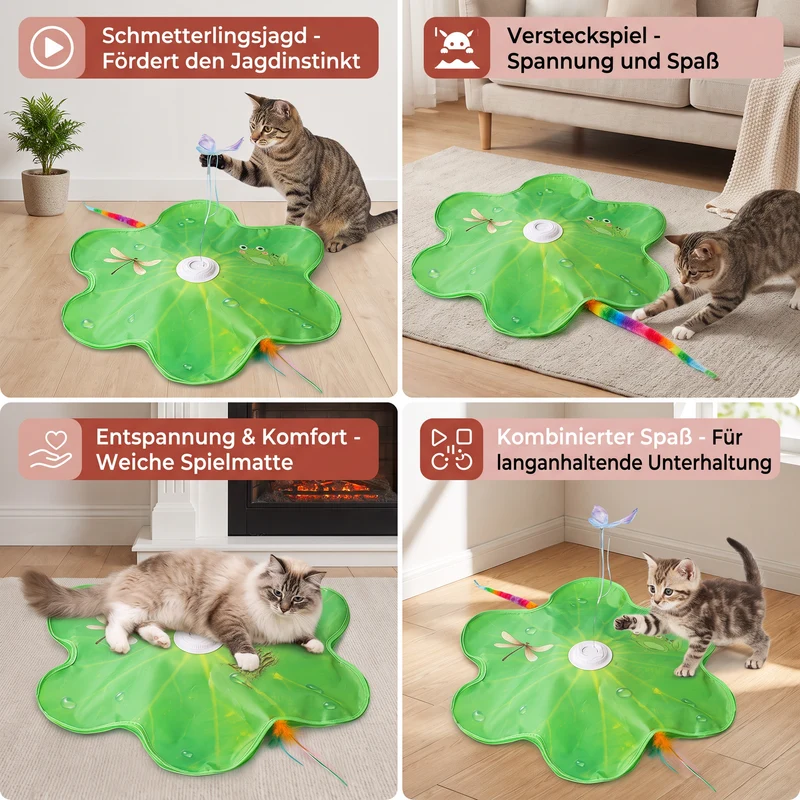 Interaktives 3-in-1-Katzenspielzeug mit Schmetterling – Spielmatte mit Schmetterling und Feder-Spielzeug