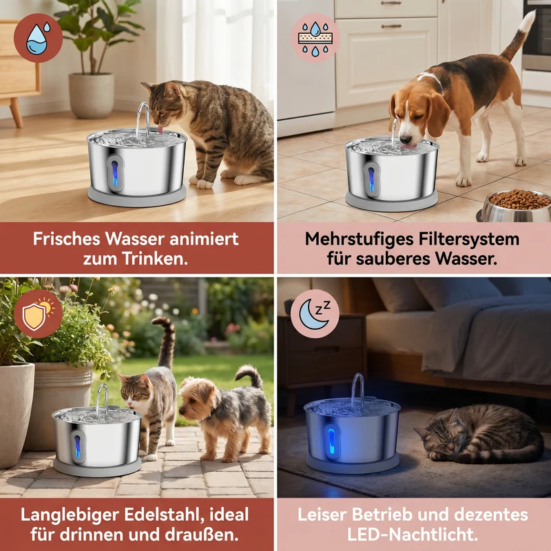 Intelligenter, antibakterieller Trinkbrunnen aus Edelstahl für Haustiere – 4 l, extrem leise, für eine bessere Flüssigkeitszufuhr und Gesundheit Ihres Haustieres