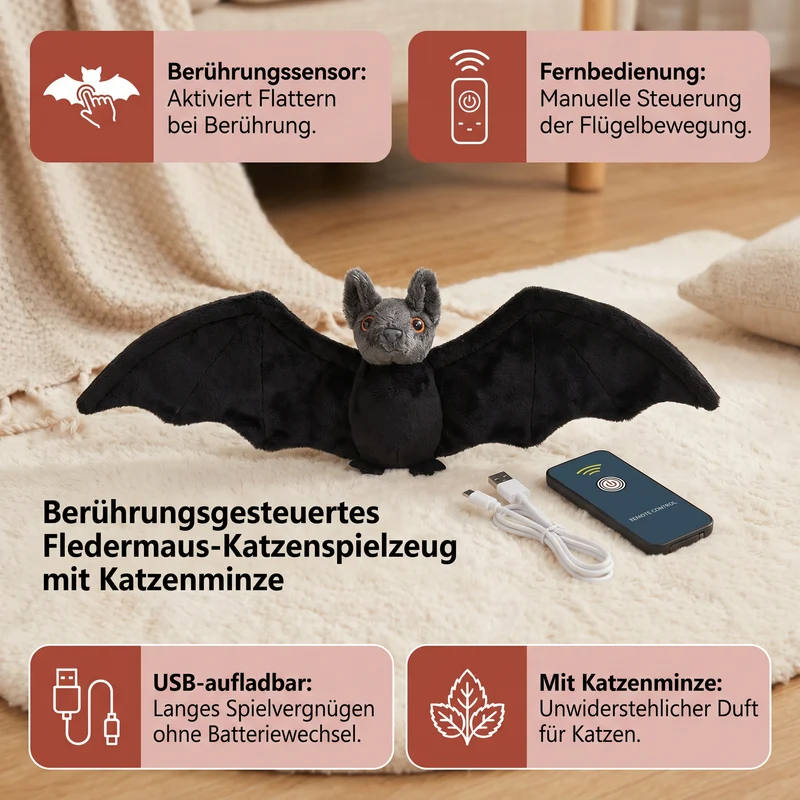 Berührungsgesteuertes Fledermaus-Katzenspielzeug zum Flattern mit Katzenminze