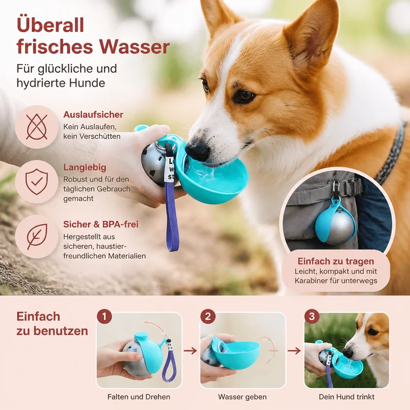 Kugelförmige 2-in-1 Trinkflasche für Hunde – Auslaufsichere Wasserflasche mit Silikonnapf