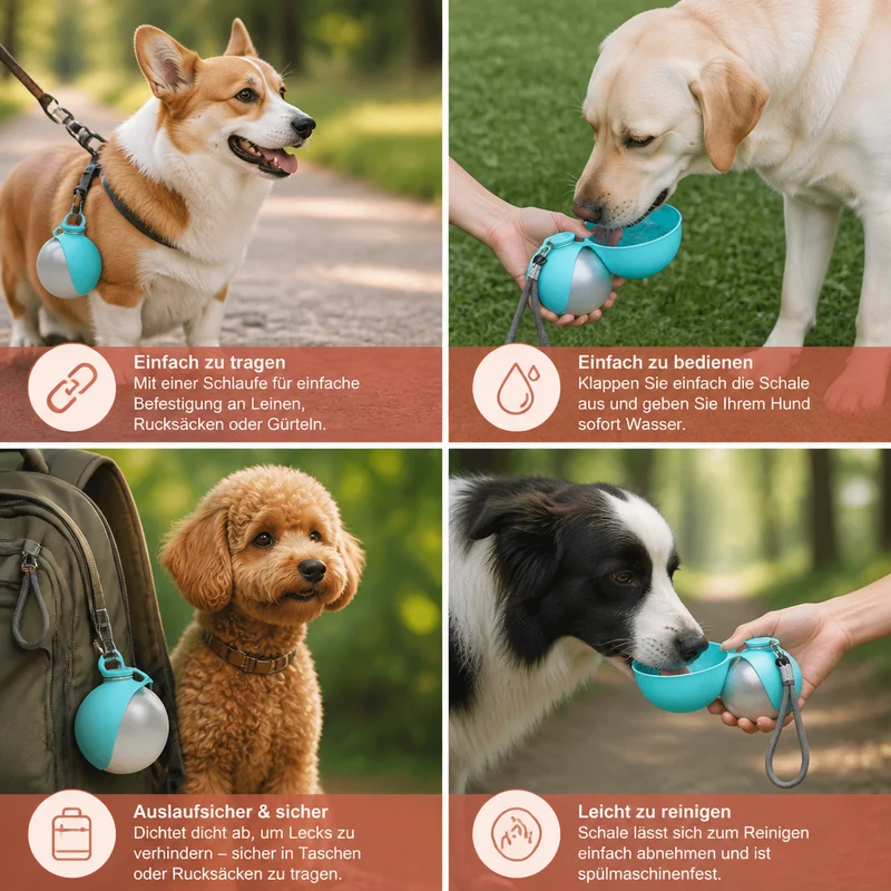 Kugelförmige 2-in-1 Trinkflasche für Hunde – Auslaufsichere Wasserflasche mit Silikonnapf