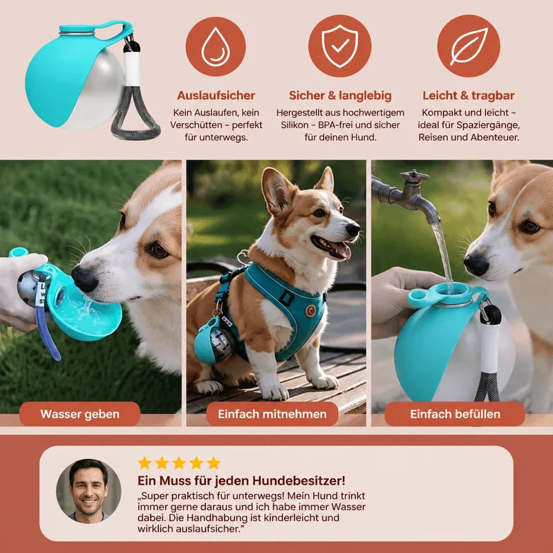 Kugelförmige 2-in-1 Trinkflasche für Hunde – Auslaufsichere Wasserflasche mit Silikonnapf