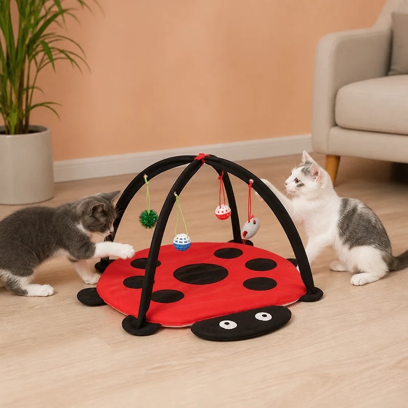 Faltbares Katzen Spielzelt mit hängenden Spielzeugen und Aktivitätsmatte