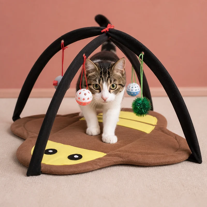 Faltbares Katzen Spielzelt mit hängenden Spielzeugen und Aktivitätsmatte