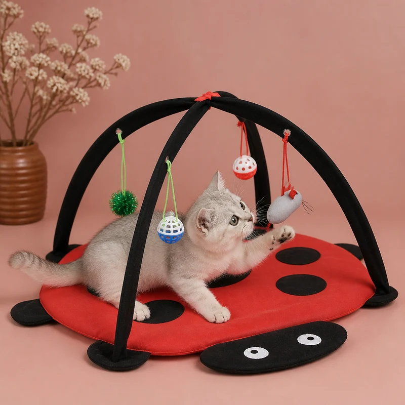 Faltbares Katzen Spielzelt mit hängenden Spielzeugen und Aktivitätsmatte