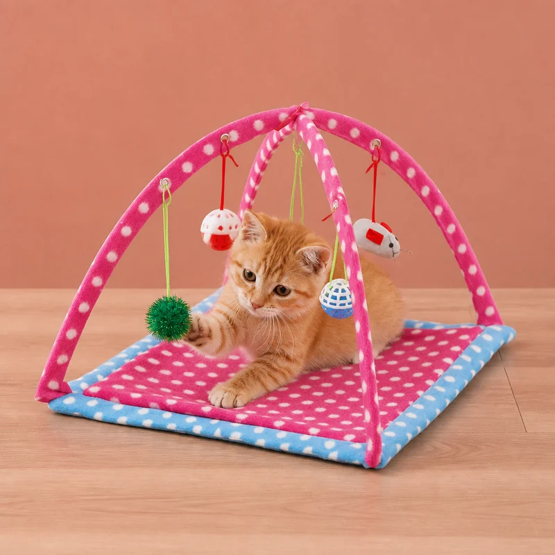Faltbares Katzen Spielzelt mit hängenden Spielzeugen und Aktivitätsmatte