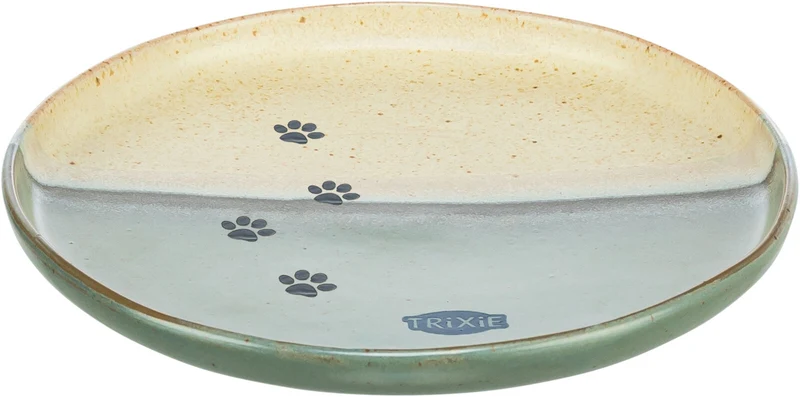 Zweifarbiger Keramiknapf für Katzen und Hunde, beige/grün mit braunen Sprenkeln, tief oder flach