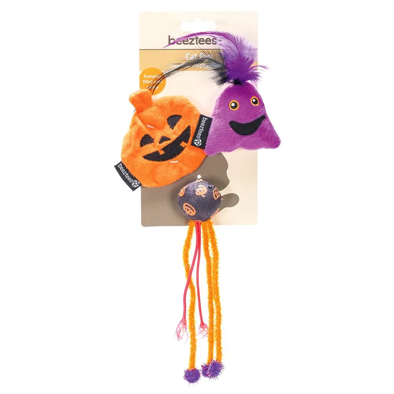 Beeztees HALLOWEEN Katzenspielzeug-Set - Kürbis Geist Ball - mit Catnip+Rassel