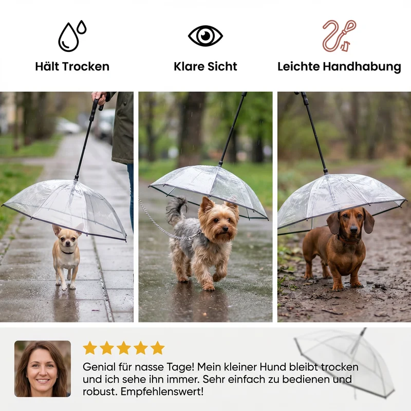 Transparenter Hunde Regenschirm mit Leine für kleine Hunde