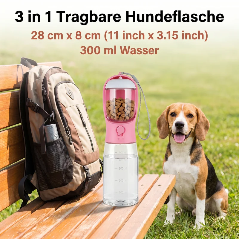 3 in 1 tragbare Hundeflasche mit Futterbehälter und Kotbeutelhalter