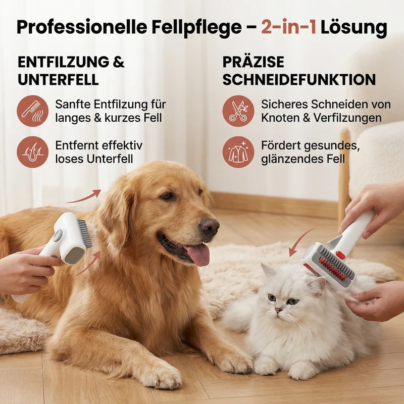 2-in-1 Fellpflege- & Schneidebürste für Hunde & Katzen – Entfilzungs- & Unterfellkamm für langes & kurzes Fell