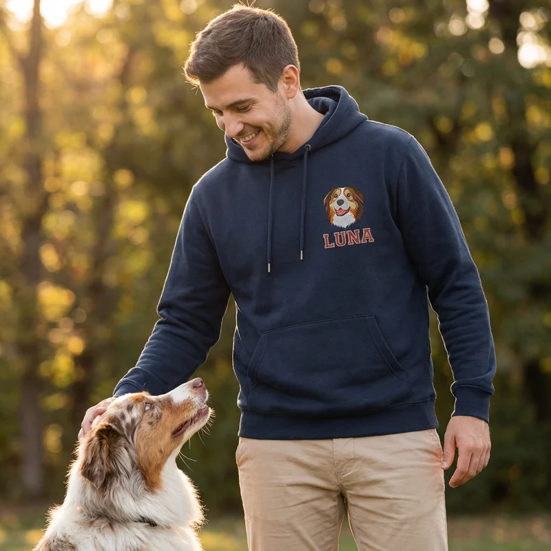 Personalisierter Hunde Hoodie – Haustiermotiv & Namensstickerei im College-Look