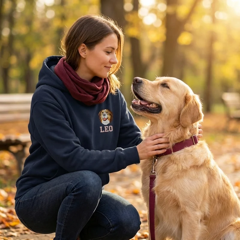 Personalisierter Hunde Hoodie – Haustiermotiv & Namensstickerei im College-Look