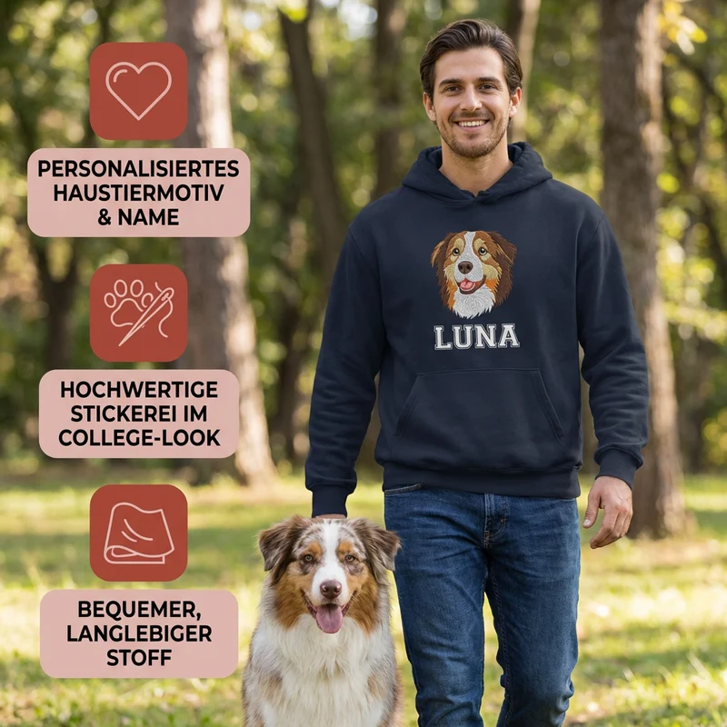 Personalisierter Hunde Hoodie – Haustiermotiv & Namensstickerei im College-Look